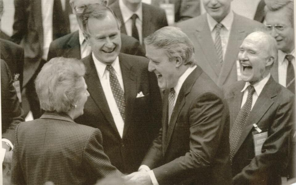 Scowcroft, right, at Nato headquarters in 1989 with Margaret Thatcher, President Bush and the Canadian prime minister Brian Mulroney  - Vince Mannino/Reuters