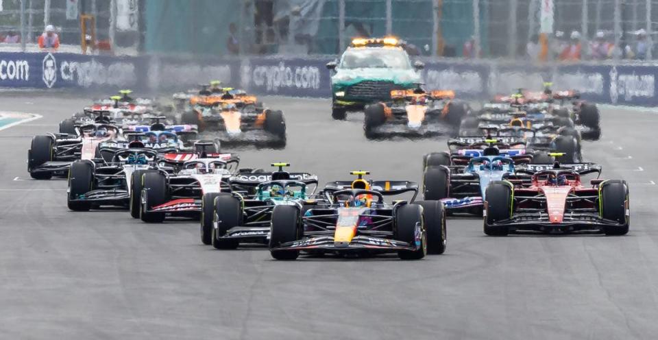 Cars take off from the starting grid during the Formula One Miami Grand Prix at the Miami International Autodrome on Sunday, May 7, 2023, in Miami Gardens, Fla.