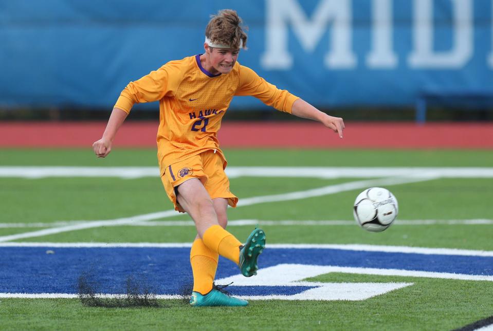 Lindon Stout (21) of Rhinebeck kicks the ball during the game against S.S. Seward during the Section 9 Class C boys soccer championship on October 27, 2021 in Middletown.