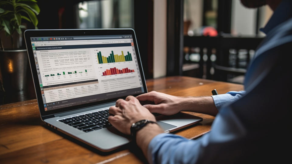 A businessperson using a laptop to review the details of a mortgage loan for a client.