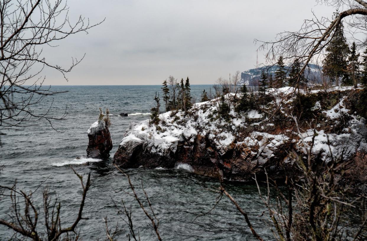 The hiking trail to Shovel Point along Minnesota's North Shore of Lake Superior, at Tettegouche State Park, in winter.