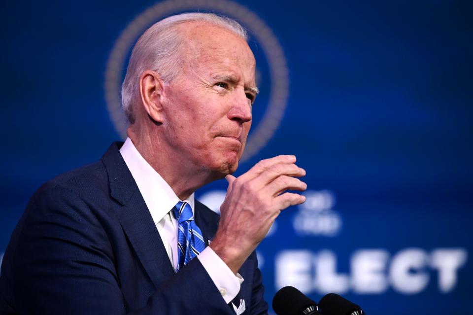 US President-elect Joe Biden delivers remarks on the public health and economic crises at The Queen theater in Wilmington, Delaware on January 14, 2021. - President-elect Joe Biden will propose injecting $1.9 trillion into the US economy when he takes office next week, as evidence mounts that the recovery from the sharp downturn caused by Covid-19 is flagging. (Photo by JIM WATSON / AFP) (Photo by JIM WATSON/AFP via Getty Images)