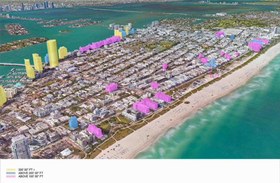 Una imagen muestra la altura de un proyecto de urbanización en el lote de Clevelender de South Beach en el contexto del vecindario.