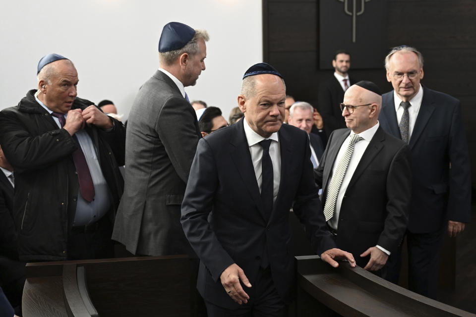 German Chancellor Olaf Scholz attends the inauguration of the newly built synagogue in Dessau, Germany, Sunday, Oct. 22, 2023. Scholz said Germany will do everything to protect and strengthen Jewish life in his remarks at the inauguration of the Weill Synagogue in Dessau. (Hendrik Schmidt/Pool Photo via AP)