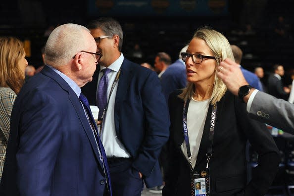 NASHVILLE, TENNESSEE - JUNE 29: Jim Rutherford and Emilee Castonguay attend the 2023 NHL Draft at the Bridgestone Arena on June 29, 2023 in Nashville, Tennessee. (Photo by Bruce Bennett/Getty Images)