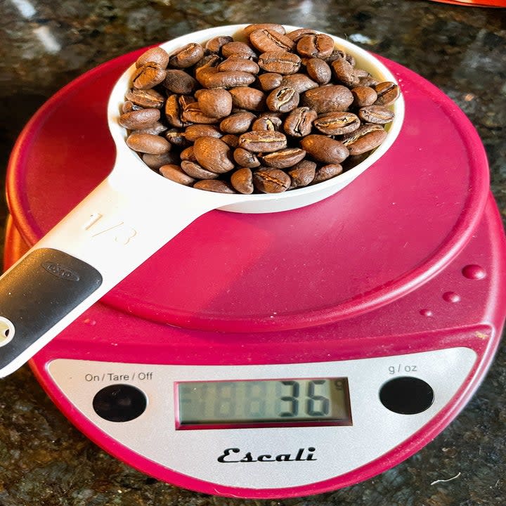 36 grams of coffee beans weighed out on a scale