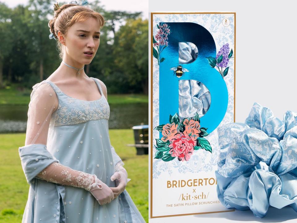 Phoebe Dynevor, left, as Daphne Bridgerton in season one of "Bridgerton. Kitsch's latest "Bridgerton" collaboration, right, inspired by one of Daphne's costumes.