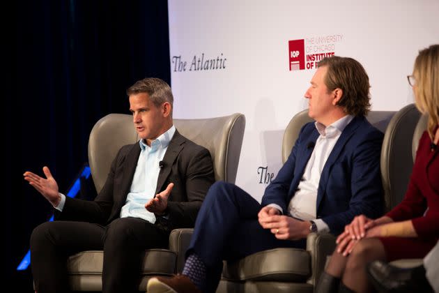 Kinzinger (left) spoke at a conference on disinformation put on by the University of Chicago's Institute of Politics on April 8. (Photo: Kristen Norman for HuffPost)