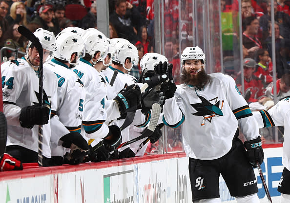 NEWARK, NJ - FEBRUARY 12: San Jose Sharks defenseman Brent Burns #88 celebrates his goal against the New Jersey Devils during their game at the Prudential Center on February 12, 2017 in Newark, New Jersey. (Photo by Al Bello/Getty Images)