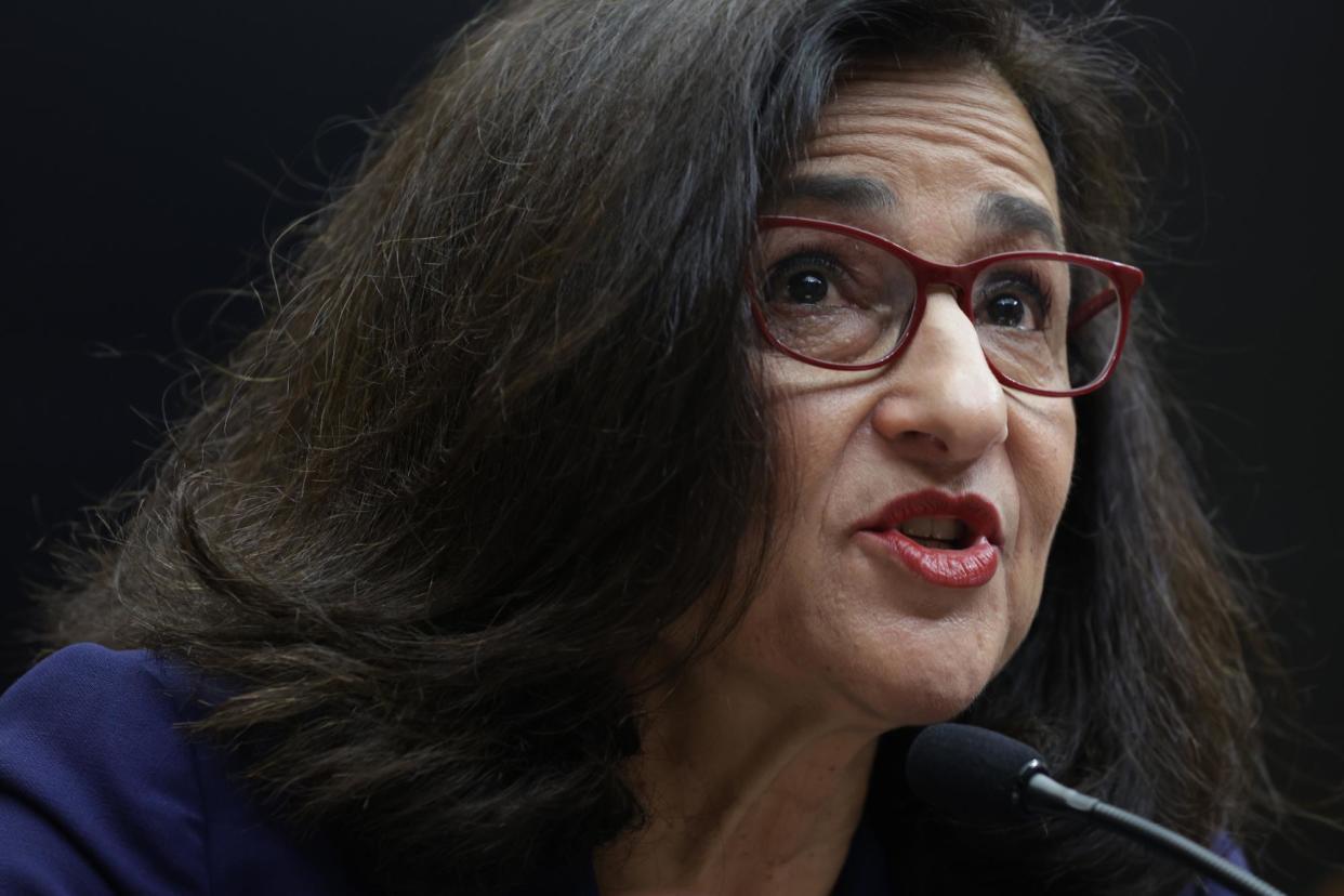 <span>Minouche Shafik testifies during a House hearing in Washington DC on 17 April 2024.</span><span>Photograph: Alex Wong/Getty Images</span>