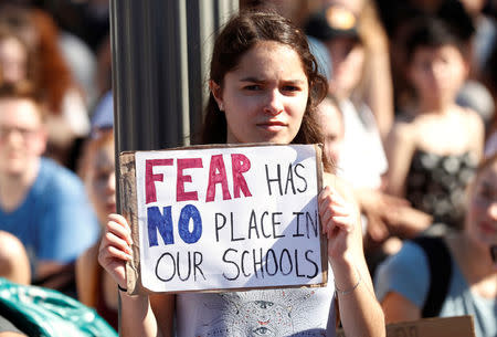 Students who walked out of their classes at Montgomery County, Maryland schools, protest against gun violence in front of the White House in Washington, U.S., February 21, 2018. REUTERS/Kevin Lamarque