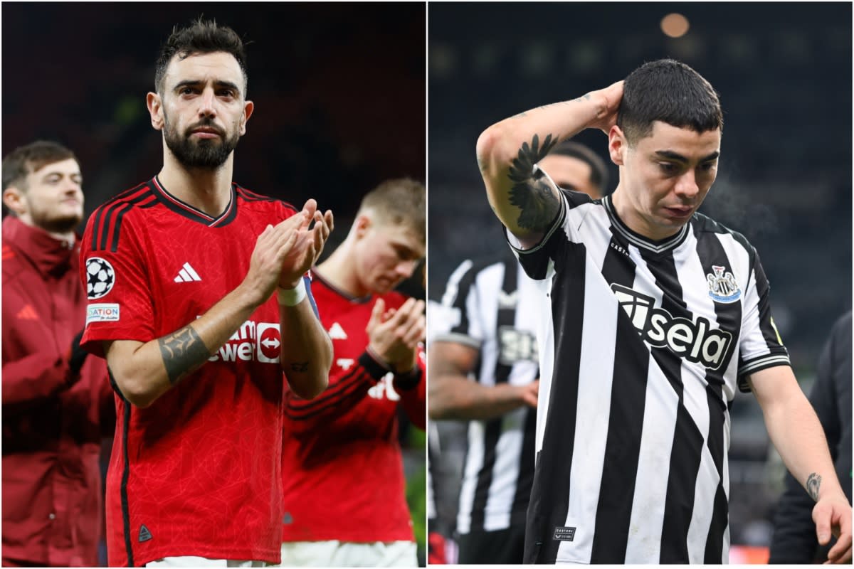 Manchester United's Bruno Fernandes (left) and Newcastle's Miguel Almiron look despondent after their clubs' exit from European competitions. (PHOTOS: Getty Images)