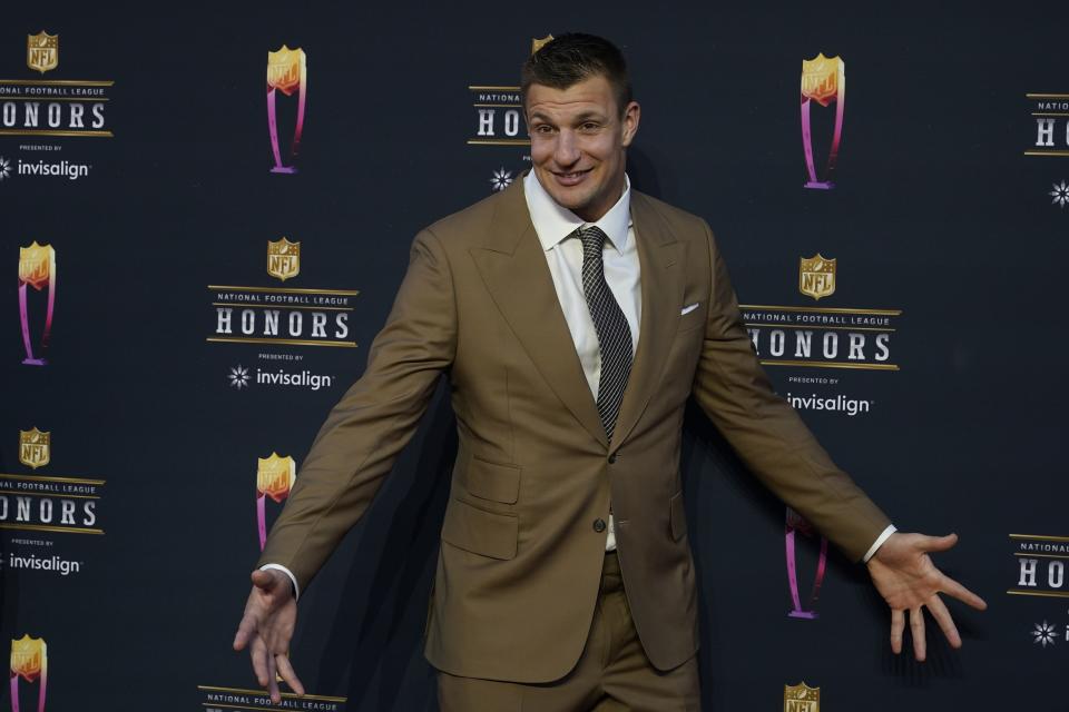 FILE - Rob Gronkowski arrives for the NFL Honors show Thursday, Feb. 10, 2022, in Inglewood, Calif. Four-time All-Pro tight end Rob Gronkowski announced his retirement again, Tuesday, June 21, 2022. (AP Photo/Marcio Jose Sanchez)