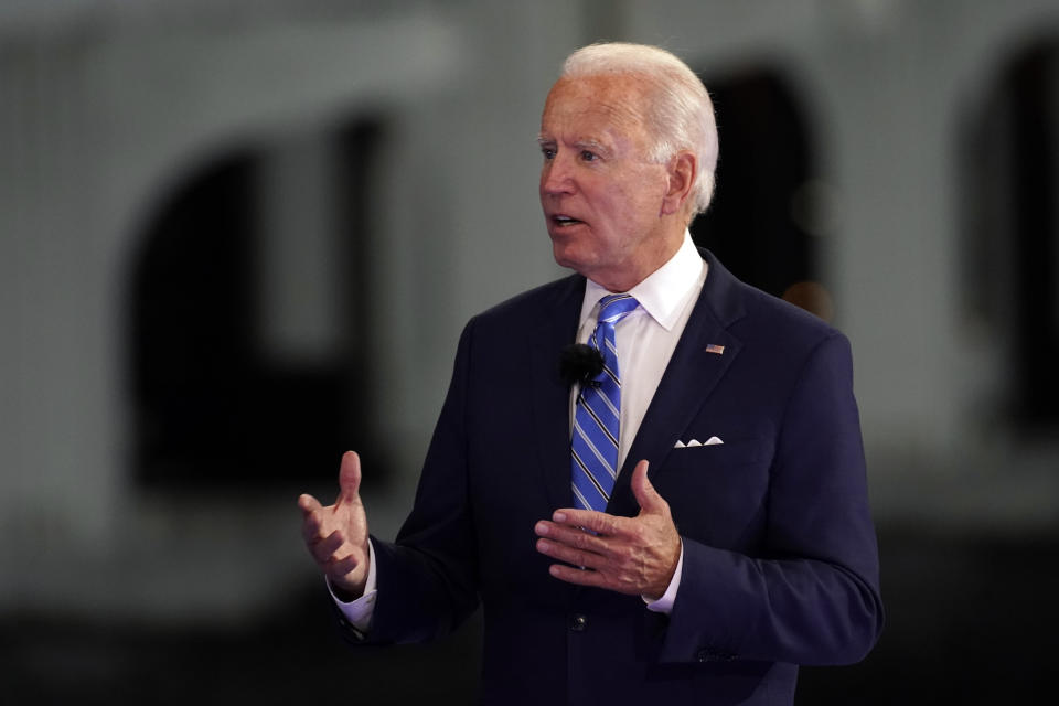 Democratic presidential candidate former Vice President Joe Biden speaks at a NBC Town Hall at Pérez Art Museum, Monday, Oct. 5, 2020, in Miami. (AP Photo/Andrew Harnik)