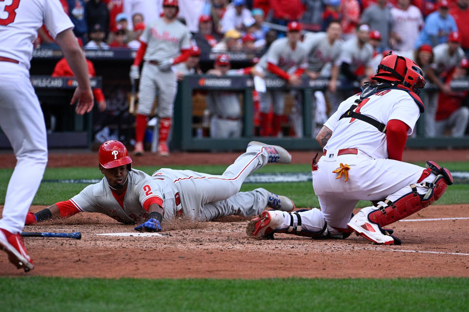 Veteran Phillies second baseman Jean Segura drove in crucial runs in his first postseason game as Philadelphia mounted a furious comeback against the Cardinals. (Photo by Joe Puetz/Getty Images)