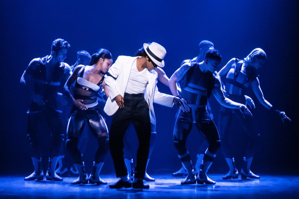 Roman Banks (Michael Jackson) and the “tour dancers” in “MJ,” playing at the Aronoff Center through Sept. 17 as part of the Broadway in Cincinnati series.