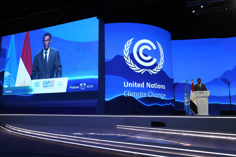 Alioune Ndoye, minister of environment, sustainable development and ecological transition of Senegal, speaks at the COP27 U.N. Climate Summit, Tuesday, Nov. 15, 2022, in Sharm el-Sheikh, Egypt. (AP Photo/Peter Dejong)