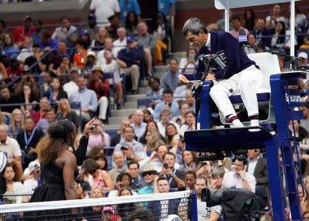 Sept 8, 2018; New York, NY, USA; Serena Williams of the USA argues with chair umpire Carlos Ramos while playing Naomi Osaka of Japan in the women's final on day thirteen of the 2018 U.S. Open tennis tournament at USTA Billie Jean King National Tennis Center. Robert Deutsch-USA TODAY Sports