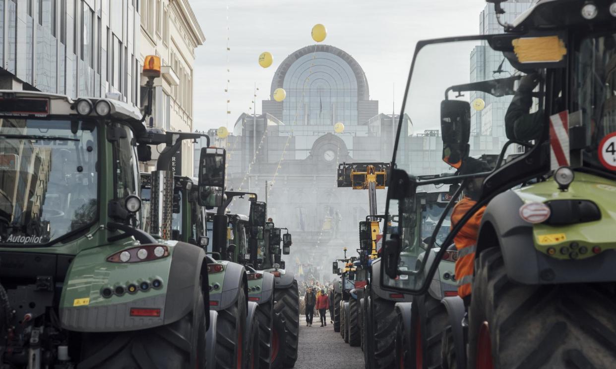 <span>Farming is the most resistant sector to the potential new laws. About 1,300 tractors blocked the streets near EU buildings in Brussels last month.</span><span>Photograph: Bloomberg/Getty Images</span>