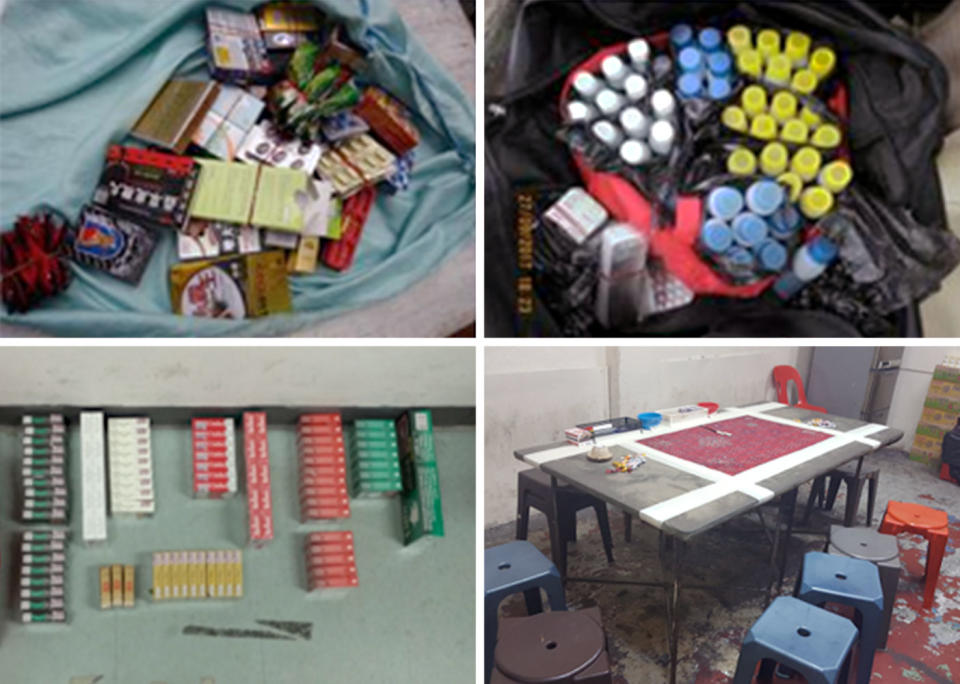 Images from the Singapore Police Force showing (clockwise from top left) sexual enhancement drugs; cough mixtures and tablets; an illegal gaming house; and contraband cigarettes. (PHOTOS: SPF)