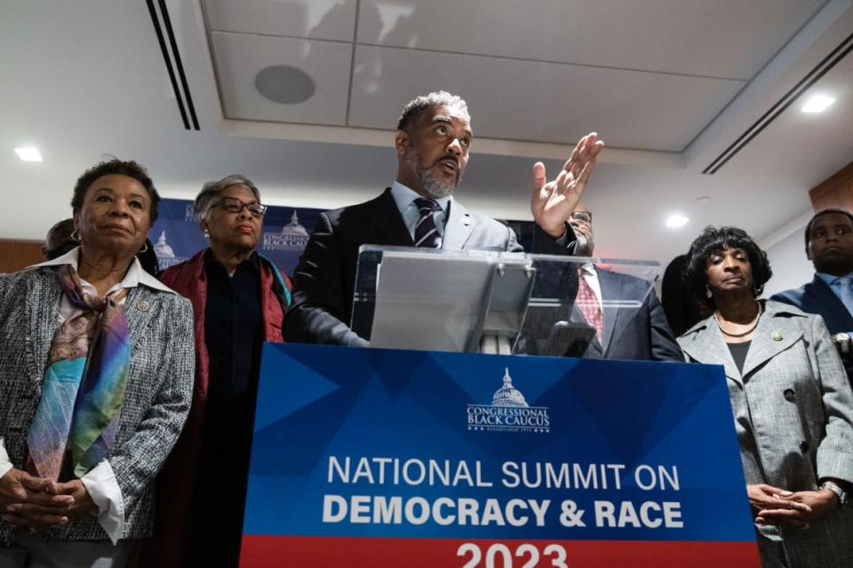 UNITED STATES – MAY 9: Rep. Steven Horsford, D-Nev., chairman of the Congressional Black Caucus, conducts a news conference following the CBC’s National Summit on Democracy & Race near Capitol Hill on Tuesday, May 9, 2023. (Tom Williams/CQ-Roll Call, Inc via Getty Images)