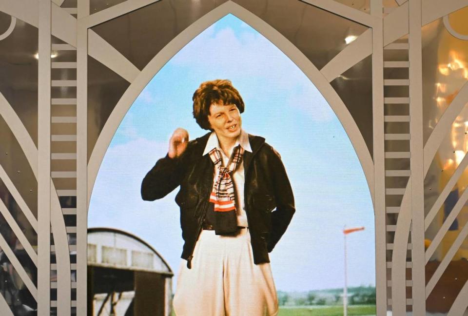 A digital, animated Amelia Earhart greets visitors at the new Amelia Earhart Hangar Museum.