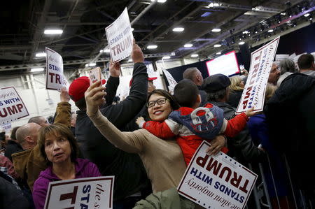 Supporters of Trump hold signs during a campaign event at Grumman Studios in Bethpage, New York. REUTERS/Shannon Stapleton