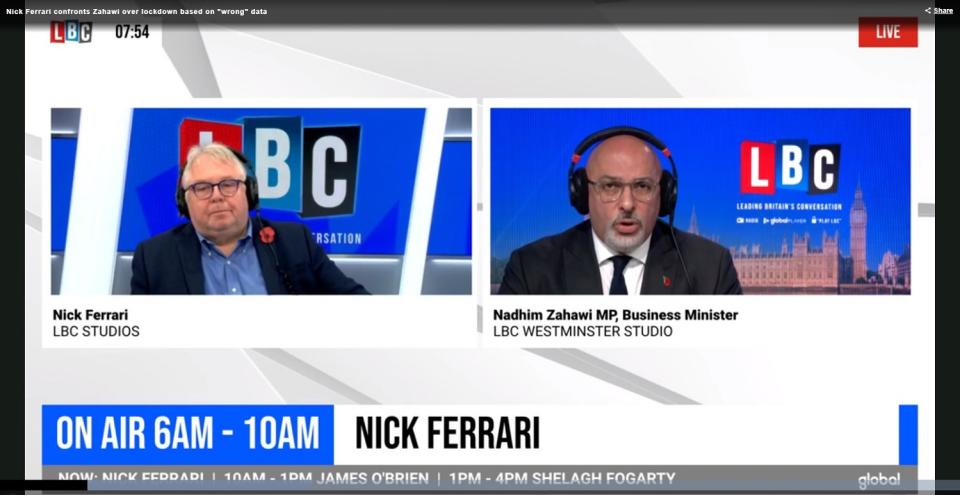 Nick Ferrari challenged MP Nadhim Zahawi on the government's decision to quietly alter data that had been presented in Saturday's press conference (LBC.co.uk)