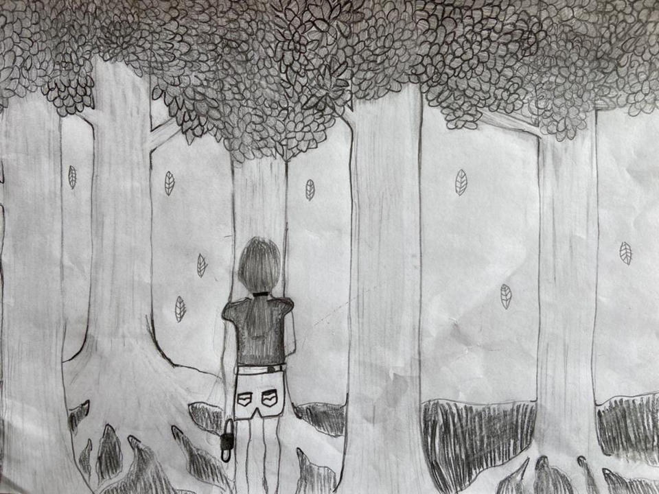 This April 30, 2020 photo shows a drawing by Niki Jolene Berghamre-Davis, 11, of Port Melbourne, Australia. Niki says the drawing is a self-portrait, showing her facing the forest and the future, while holding a mask so that she is prepared. She says the leaves represent those who've died from the coronavirus, while the tree roots represent "possibility." A big fan of nature, Niki is hopeful that the shutdowns are teaching the world how to live in ways that will help the environment. (Niki Jolene Berghamre-Davis via AP)