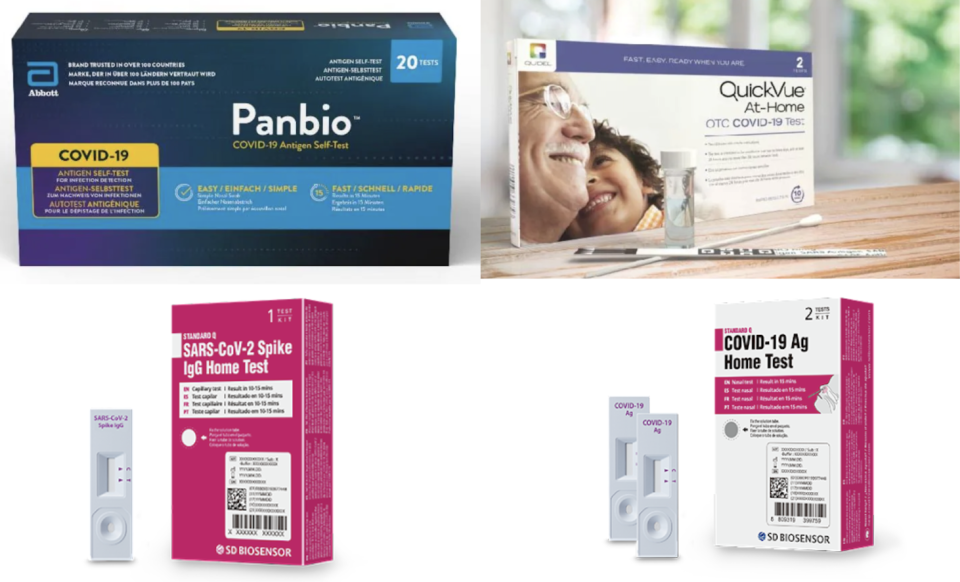 Antigen Rapid Test (ART) Kits (Clockwise: Abbott PanBio Covid-19 Antigen Self-Test, Quidel QuickVue At-Home OTC Covid-19 Test, SD Biosensor Sars-CoV-2 Antigen Self-Test Nasal, and SD Biosensor Standard Q Covid-19 Ag Home Test)