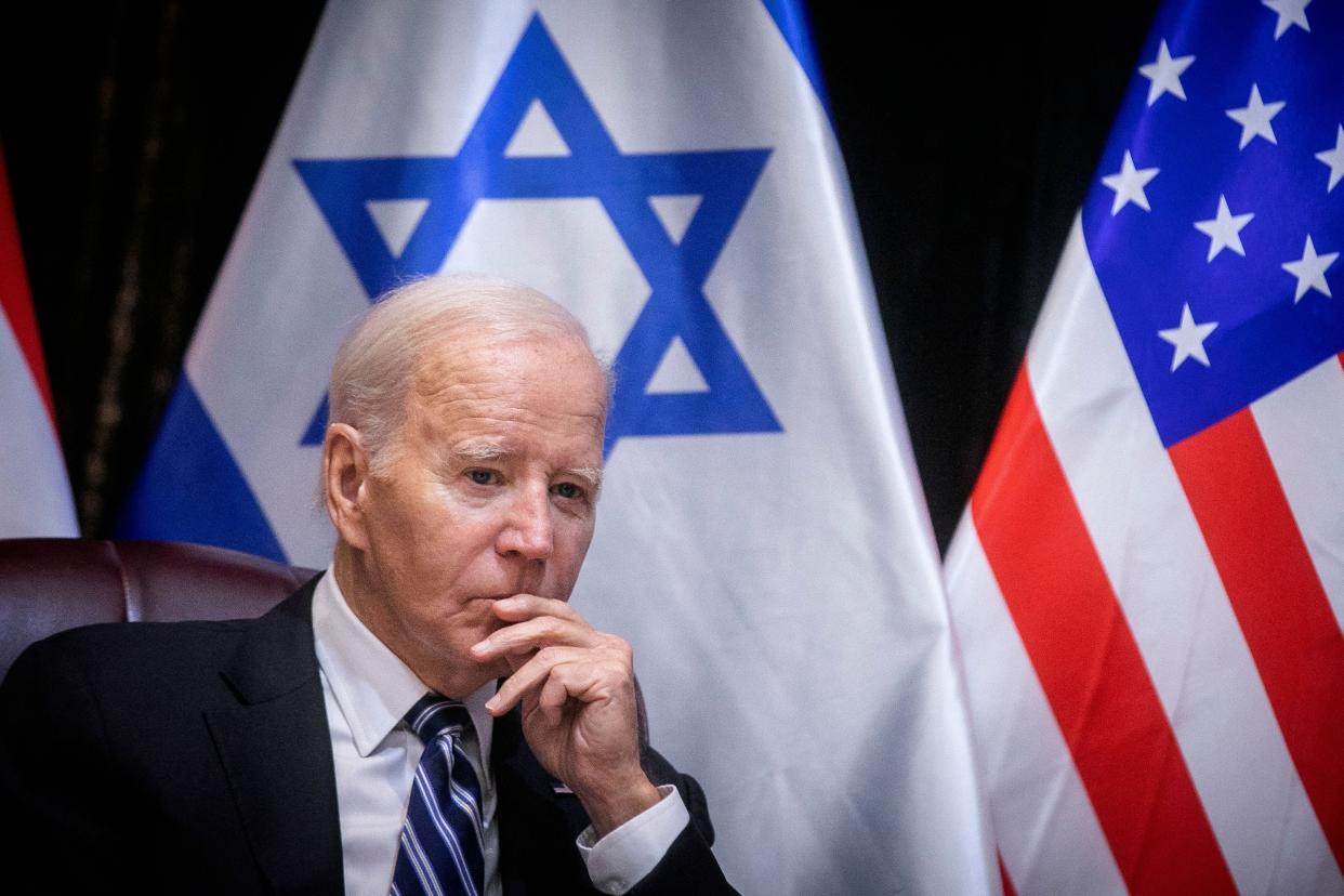 U.S. President Joe Biden joins Israel's prime minister for the start of the Israeli war cabinet meeting, in Tel Aviv on Oct. 18, 2023, amid the ongoing battles between Israel and the Palestinian group Hamas.