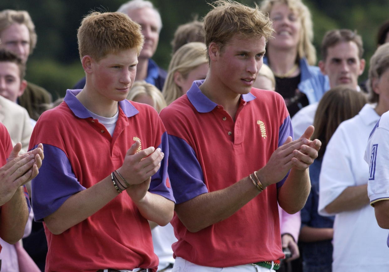 Prince Harry (L) and Prince William applauding their opponents at a charity polo match in 2001