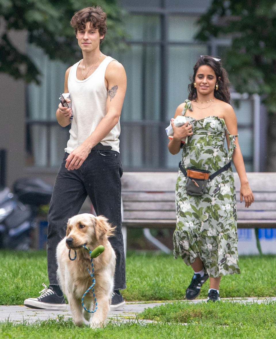 <p>Shawn Mendes, Camila Cabello and pup Tarzan spend a relaxing day out at a park in Toronto on Aug. 16.</p>