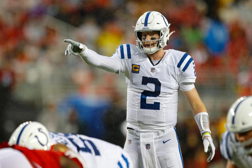 Indianapolis Colts quarterback Carson Wentz (2) sets up an offensive play during the first half of the game Sunday, Oct. 24, 2021, at Levi's Stadium in Santa Clara, Calif. 