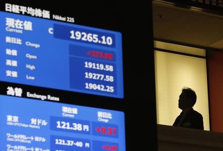 A man stands next to a stock quotation board displaying Japan's Nikkei Average (top) and the exchange rates between the Japanese yen and the U.S. dollar at the Tokyo Stock Exchange in Tokyo March 13, 2015. REUTERS/Yuya Shino