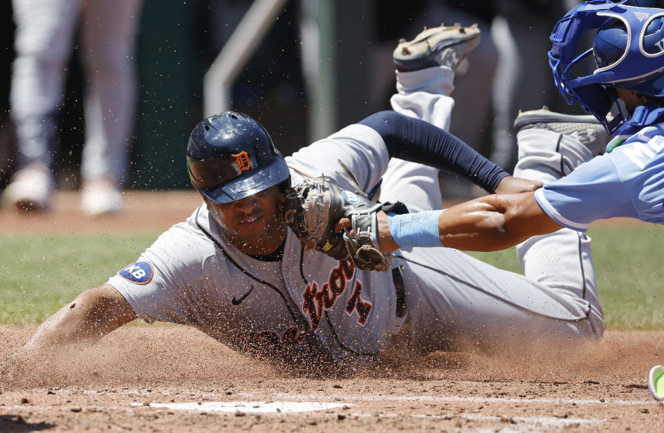 Detroit Tigers' Jonathan Schoop (7) is tagged out by Kansas City Royals catcher MJ Melendez during the fourth inning of a baseball game in Kansas City, Mo., Wednesday, July 13, 2022. Schoop was originally called safe on the play, but the call was reversed after a challenge by Kansas City. (AP Photo/Colin E. Braley)