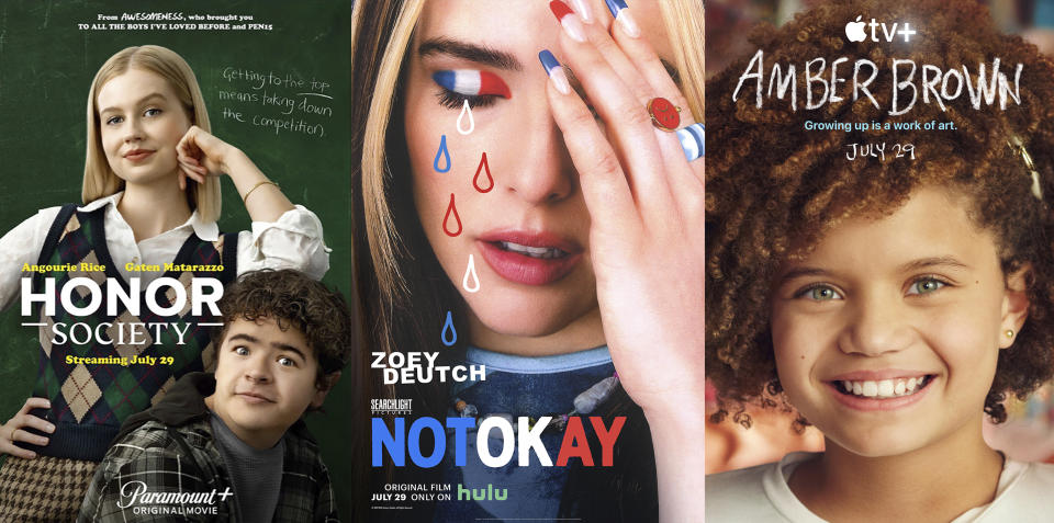 This combination of images shows promotional art for "Honor "Society" a film premiering on Paramount+ on July 29, left, "Not "OKAY" a film premiering on Hulu on July 29 and "Amber Brown" a series premiering on Apple TV+ on July 29. (Paramount+/ Searchlight Pictures /Apple TV+ via AP)