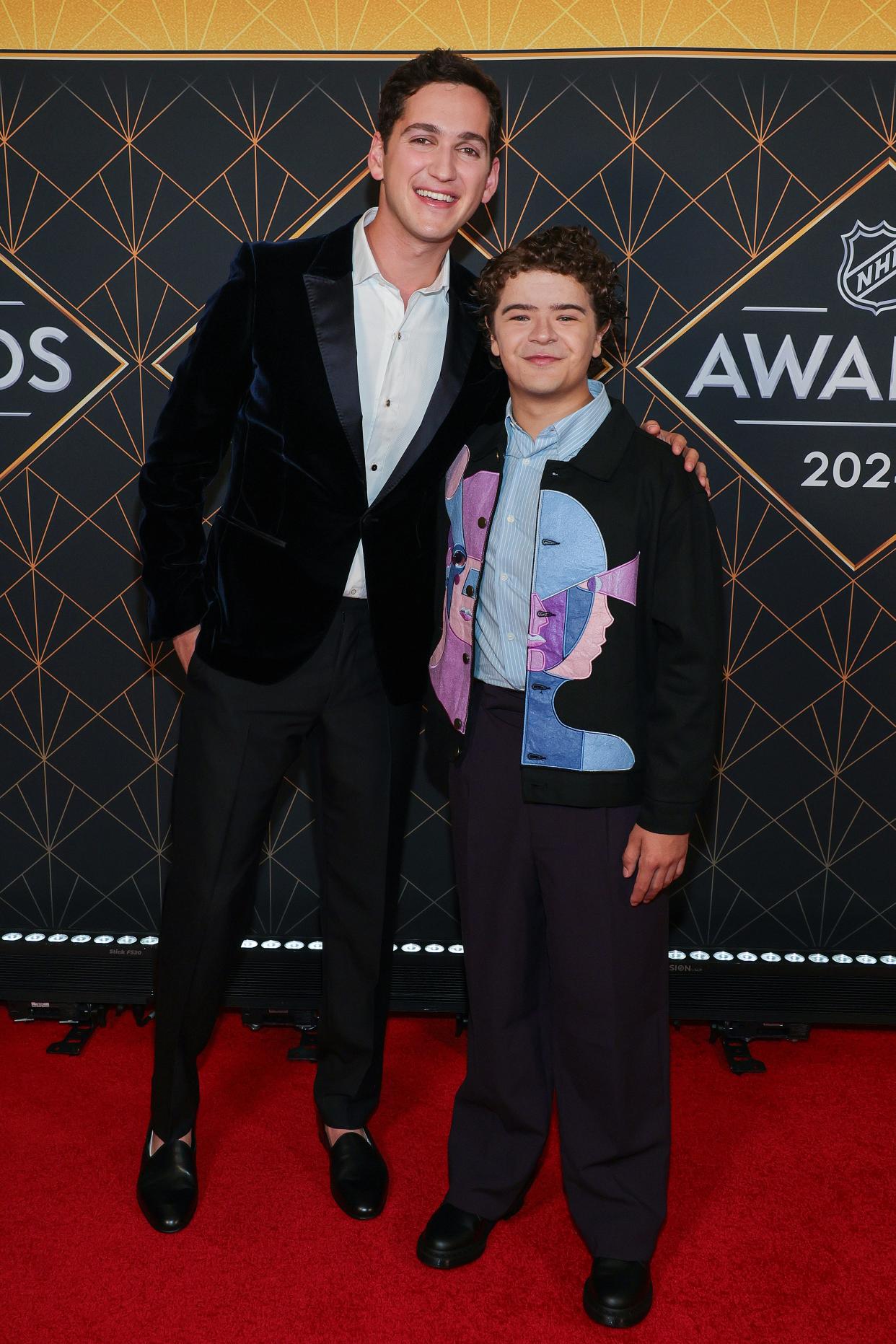 Comedian Matt Friend and actor Gaten Matarazzo arrive prior to the 2024 NHL Awards at BleauLive Theater at Fontainebleau Las Vegas on June 27.