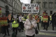 Protesters demonstrate outside the Downing Street against the Ultra-Low Emission Zone (ULEZ) expansion, in London, Tuesday, Aug. 29, 2023. The ULEZ comes into effect. London's Labour mayor Khan is at odd with the Tory PM and his party over the restrictions. (AP Photo/Kin Cheung)