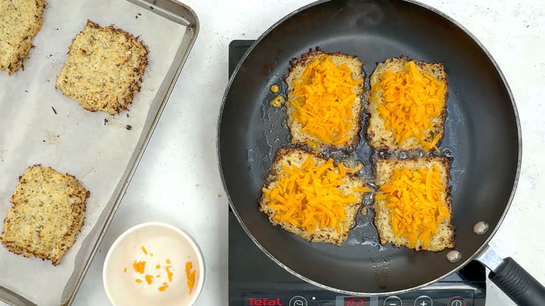 cauliflower rice slices topped with cheese