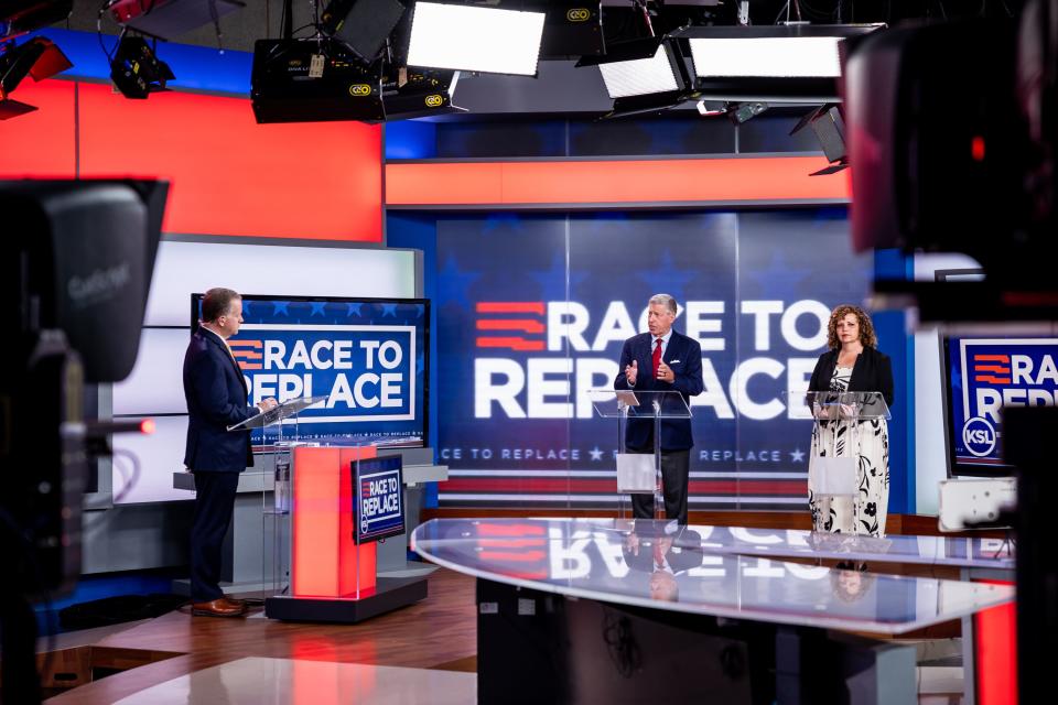 Bruce Hough and Celeste Maloy take part in a televised debate, with moderator Boyd Matheson, left, at KSL-TV in Salt Lake City on Tuesday, Aug. 15, 2023. The two are running in the GOP primary to replace Rep. Chris Stewart in Utah’s 2nd Congressional District. | Spenser Heaps, Deseret News