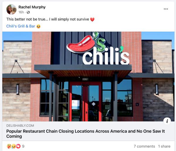 A false rumor circulated online with users claiming Chili's Grill & Bar was shutting down and closing all locations across America.