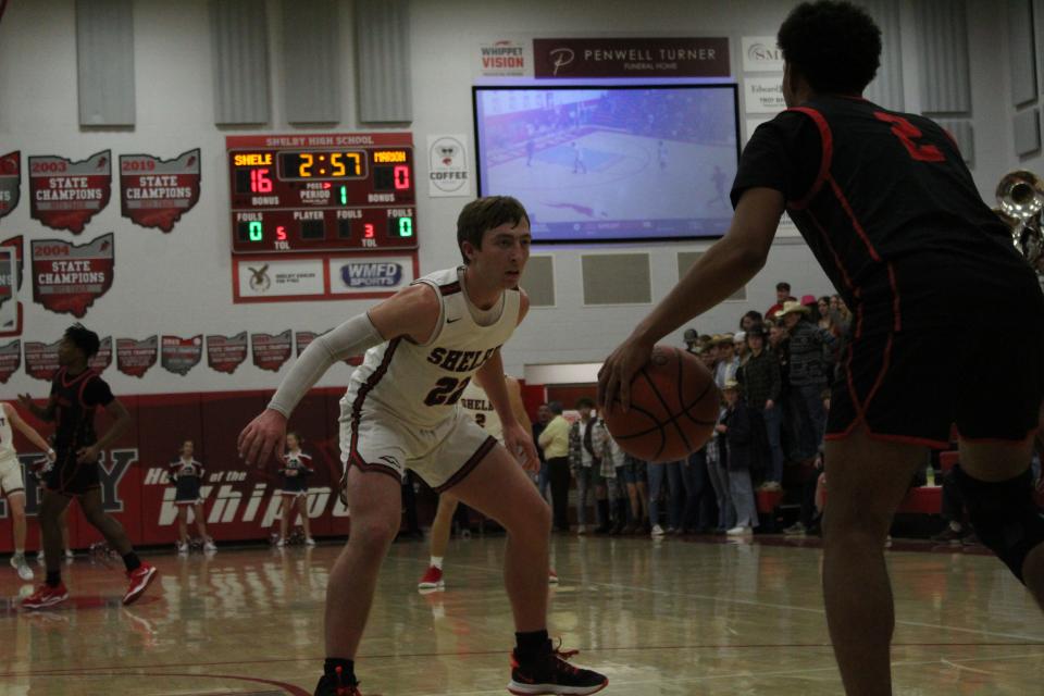 Shelby guard Max Hess and the Whippets 2-2-1 press gave Marion Harding trouble in their home victory.