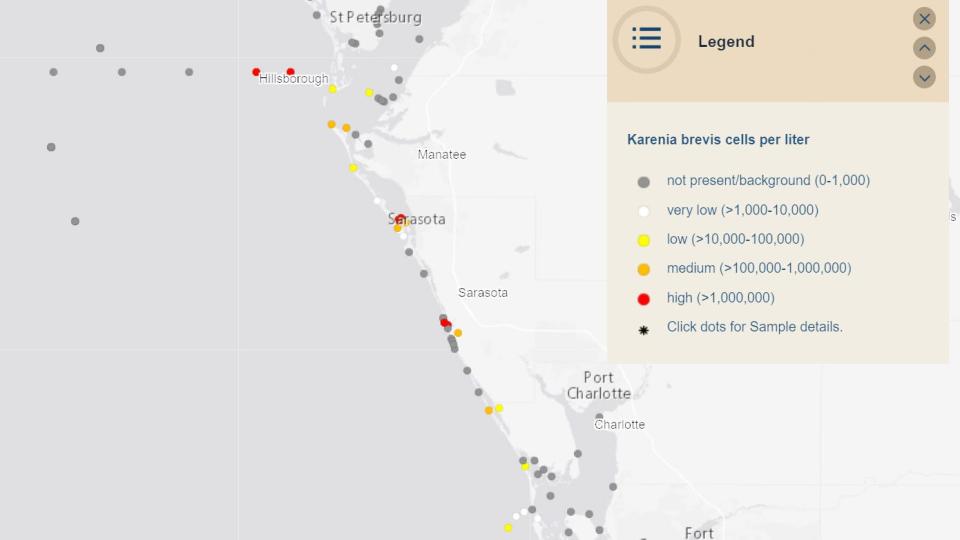 Sample data by the Florida Fish and Wildlife Conservation Commission published Wednesday show high levels of red tide in portions of Sarasota and Hillsborough counties.