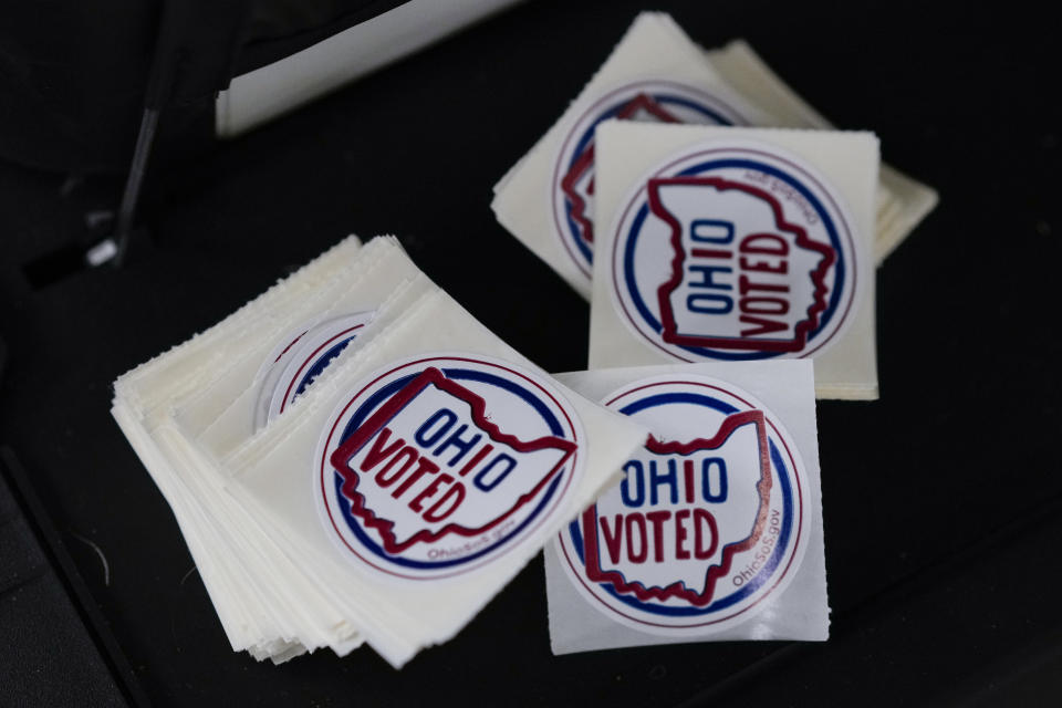 "Ohio Voted" stickers are seen during early in-person voting at the Hamilton County Board of Elections in Cincinnati, Wednesday, Oct. 11, 2023. (AP Photo/Carolyn Kaster)