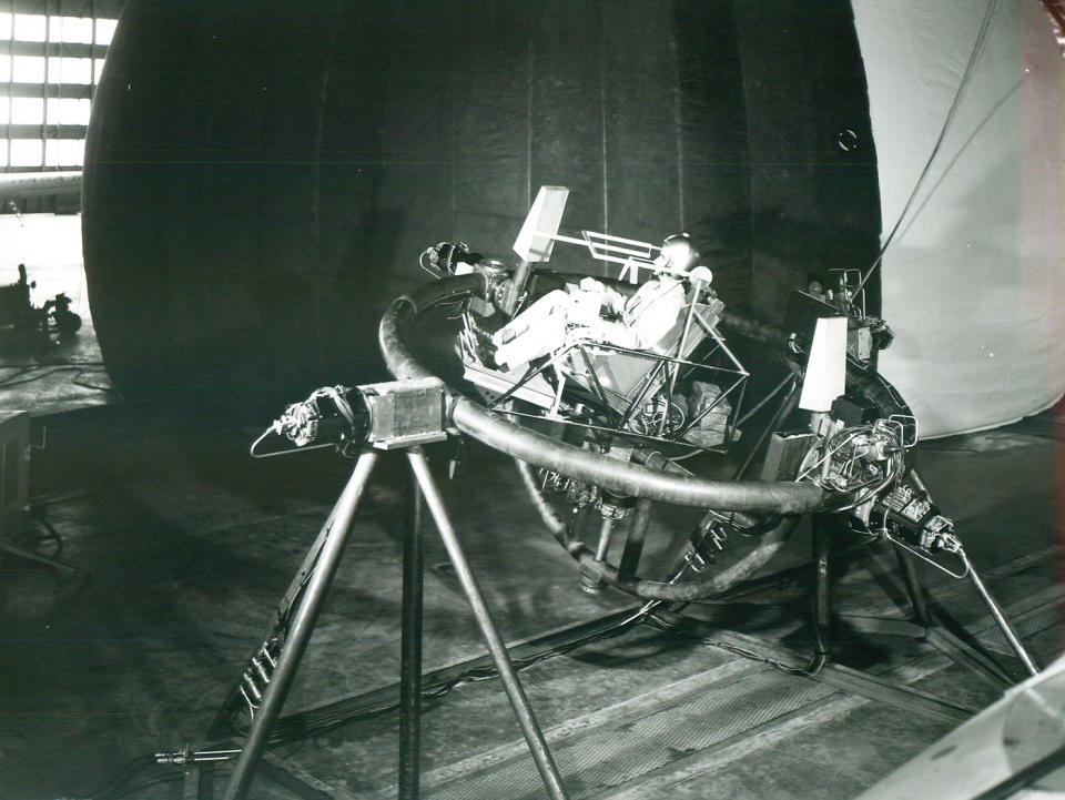 After exploring the moon's surface, astronauts had to be prepared for the flight back to their mother ship. The Rendezvous Docking Simulator area included this training rig for perfecting a stable liftoff.
