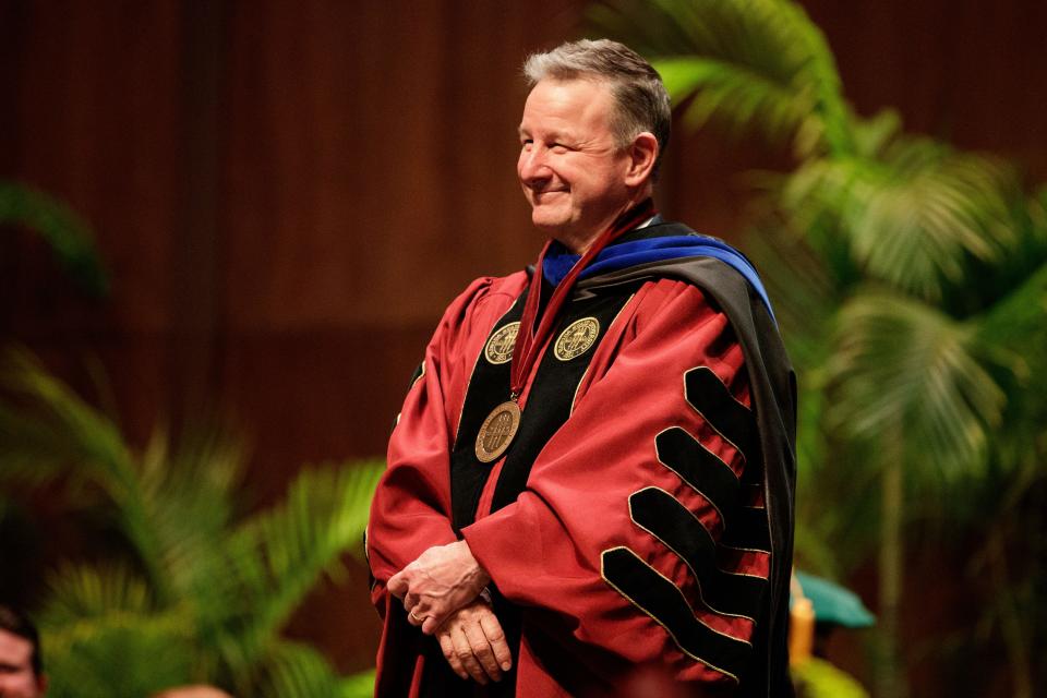 Florida State University's 16th President Richard D. McCullough proudly wears the Presidential medallion during his inauguration ceremony Friday, Feb. 25, 2022.