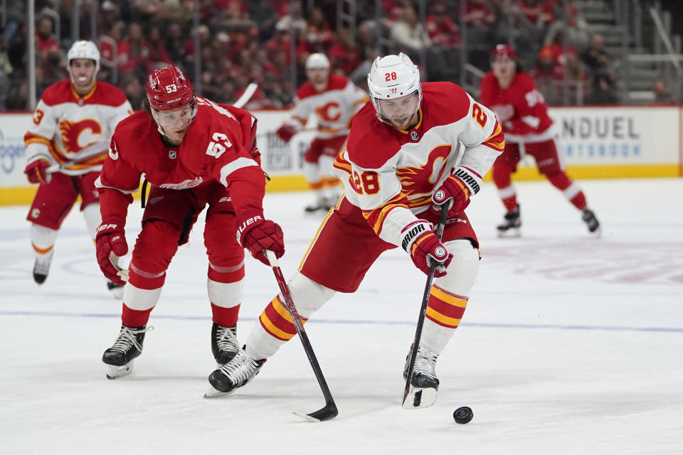 Calgary Flames center Elias Lindholm (28) protects the puck from Detroit Red Wings defenseman Moritz Seider (53) in the third period of an NHL hockey game Thursday, Oct. 21, 2021, in Detroit. (AP Photo/Paul Sancya)