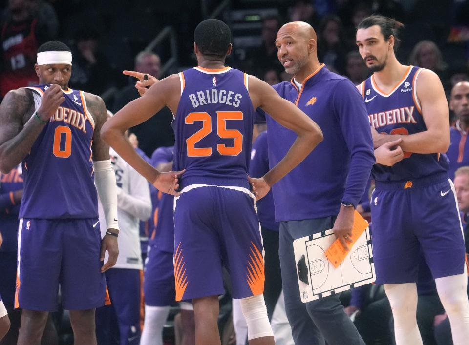 Phoenix Suns head coach Monty Williams talks to his team during a timeout in their game against the Memphis Grizzlies at Footprint Center on Jan. 22, 2023.