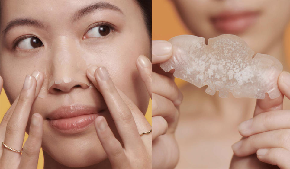 Woman applying the Mighty Patch nose patch and removing it with white gunk on the inside.